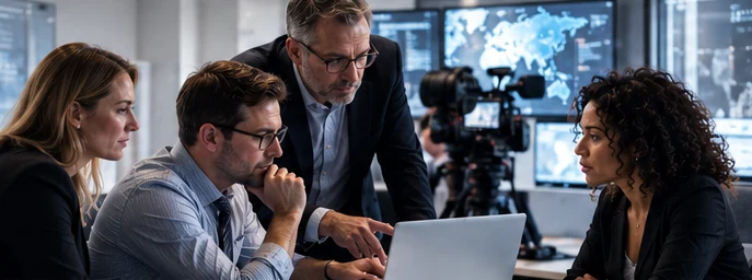 Professionals collaborating on research and media analysis